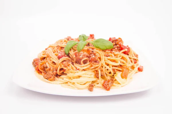 Spaghetti bolognese on white — Stock Photo, Image