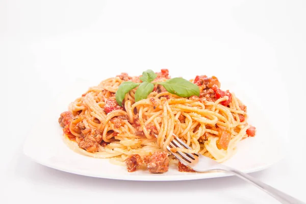 Espaguete bolonhesa sendo comido — Fotografia de Stock