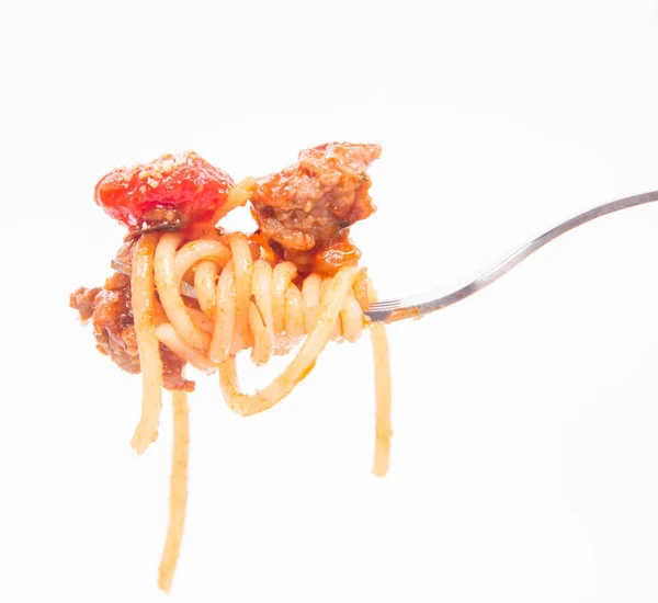 Espaguetis boloñeses en tenedor — Foto de Stock