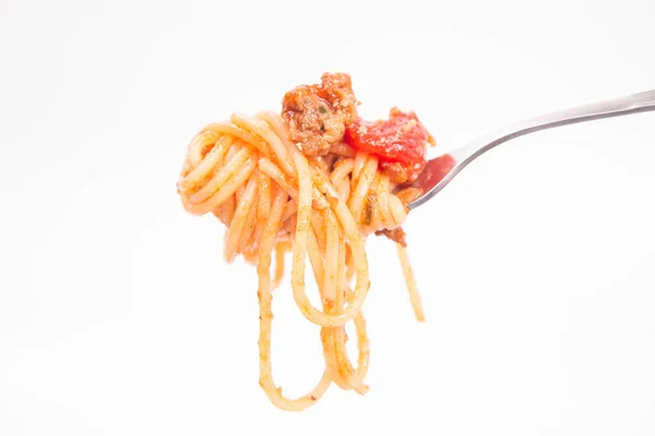 Bolonhesa de espaguete em garfo — Fotografia de Stock