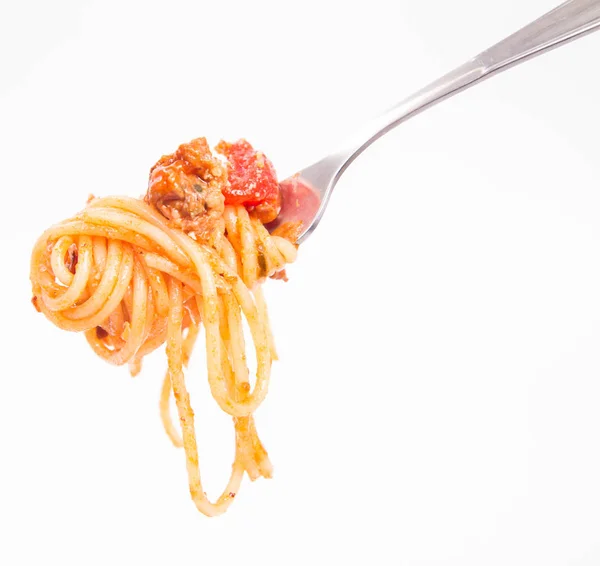 Espaguetis boloñeses en tenedor — Foto de Stock