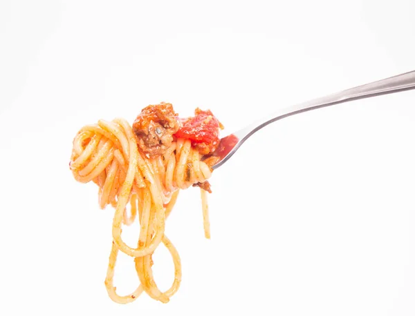 Spaghetti bolognese na widelec — Zdjęcie stockowe
