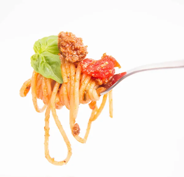 Spaghetti bolognese on a fork — Stock Photo, Image