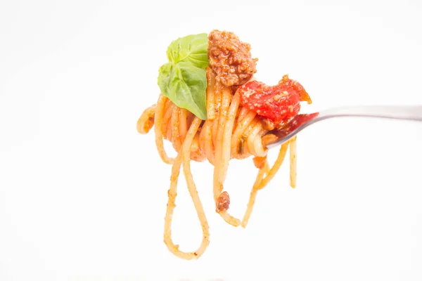 Spaghetti bolognese on a fork — Stock Photo, Image