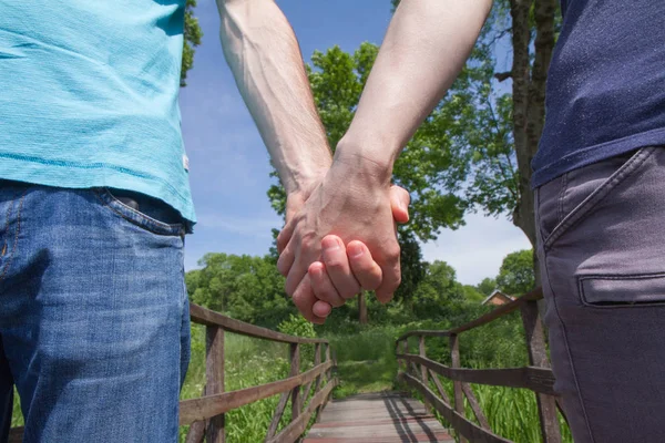 男人在后台的抱着一个女人的手和一座小木桥 — 图库照片