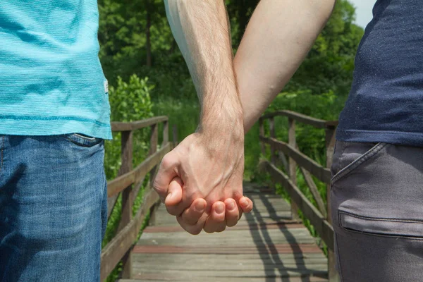 Man Holding Woman Hand Wooden Bridge Background — Stock Photo, Image