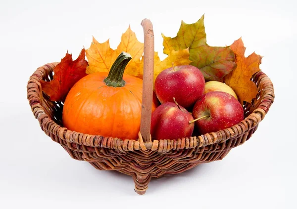Beyaz bir arka plan üzerinde sepet dolu bir kabak ve elma ile bazı akçaağaç yaprakları