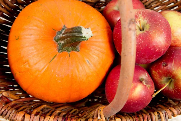 Korb Voller Äpfel Und Einem Kürbis Auf Einem Hölzernen Hintergrund — Stockfoto