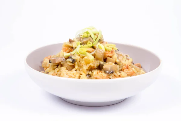 Risotto Con Funghi Pollo Decorato Con Porro Fondo Bianco — Foto Stock