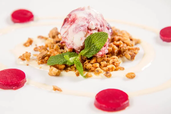 Scoop Ice Cream Roasted Nuts Decorated Mint Raspberry Jelly — Stock Photo, Image