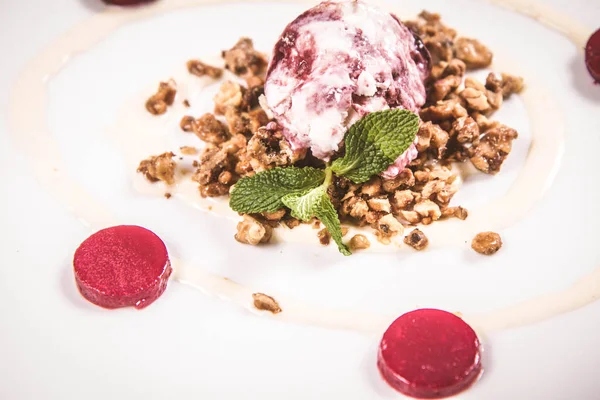 Scoop Ice Cream Roasted Nuts Decorated Mint Raspberry Jelly — Stock Photo, Image