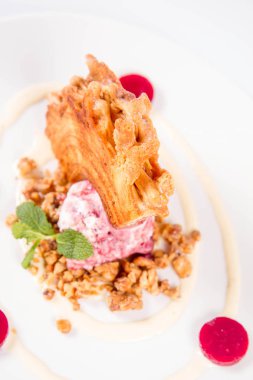 Lehçe-Litvanyaca geleneksel beyaz zemin üzerine taze nane ile dekore edilmiş dondurma, kavrulmuş fındık ve ahududulu jöle ile pasta ('ağaç kek') - sekacz (Polonya) veya sakotis (Litvanyaca) tükürmek