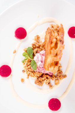 Lehçe-Litvanyaca geleneksel beyaz zemin üzerine taze nane ile dekore edilmiş dondurma, kavrulmuş fındık ve ahududulu jöle ile pasta ('ağaç kek') - sekacz (Polonya) veya sakotis (Litvanyaca) tükürmek