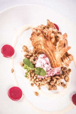 Lehçe-Litvanyaca geleneksel beyaz zemin üzerine taze nane ile dekore edilmiş dondurma, kavrulmuş fındık ve ahududulu jöle ile pasta ('ağaç kek') - sekacz (Polonya) veya sakotis (Litvanyaca) tükürmek