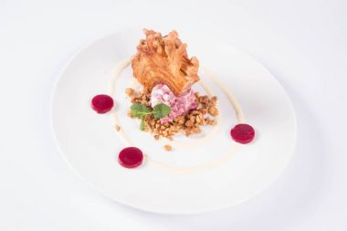 Lehçe-Litvanyaca geleneksel beyaz zemin üzerine taze nane ile dekore edilmiş dondurma, kavrulmuş fındık ve ahududulu jöle ile pasta ('ağaç kek') - sekacz (Polonya) veya sakotis (Litvanyaca) tükürmek