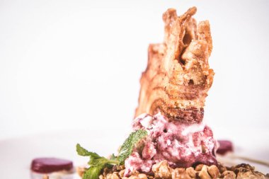 Lehçe-Litvanyaca geleneksel beyaz zemin üzerine taze nane ile dekore edilmiş dondurma, kavrulmuş fındık ve ahududulu jöle ile pasta ('ağaç kek') - sekacz (Polonya) veya sakotis (Litvanyaca) tükürmek