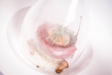 Biftek tartare yumurta sarısı, soğan, turşu, Kapari, mantar ve beyaz zemin üzerine roket salata ile servis füme