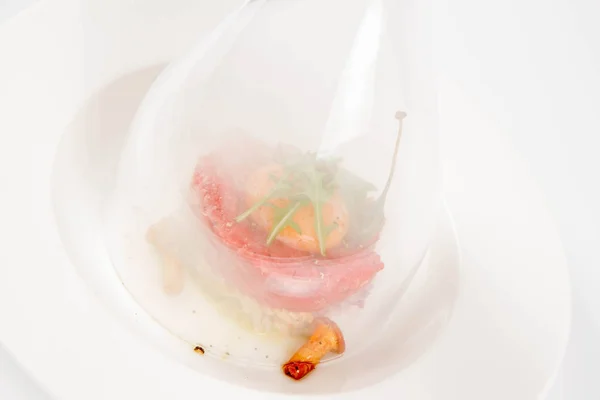 Smoked Steak Tartare Served Egg Yolk Onion Pickle Caper Mushroom — Stock Photo, Image