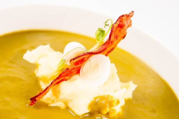 Crème Oseille Soupe Légumes Verts Avec Oeuf Caille Crème Sure — Photo