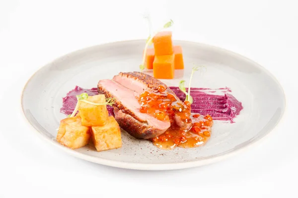 Roast Duck Breast Red Cabbage Apple Roasted Potatoes Mountain Ash — Stock Photo, Image