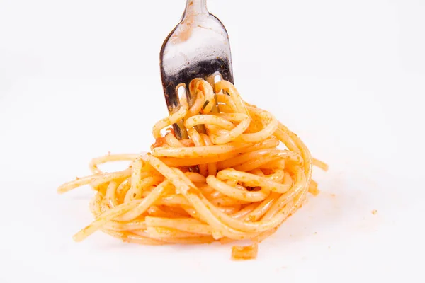 Spaghetti Bolognese Fork White Background — Stock Photo, Image