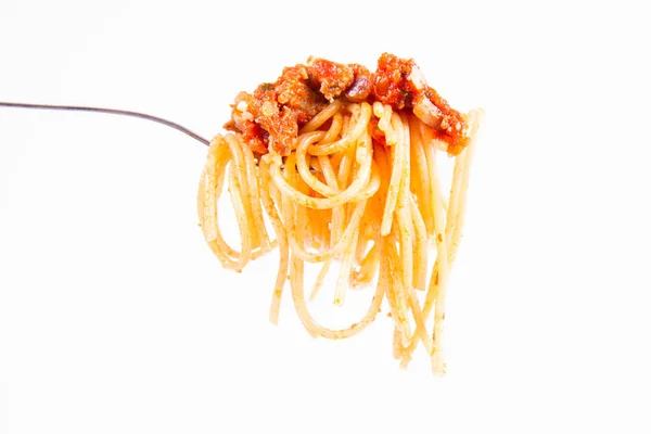 Spaghetti Bolognese Auf Einer Gabel Auf Weißem Hintergrund — Stockfoto