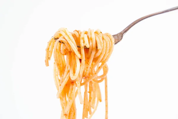 Spaghetti Bolognese Auf Einer Gabel Auf Weißem Hintergrund — Stockfoto