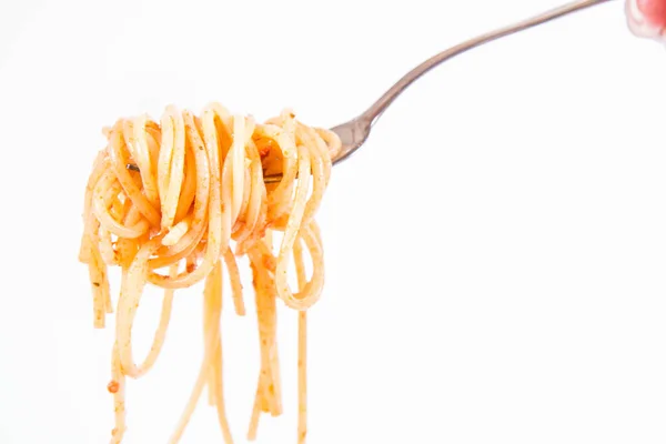 Spaghetti Bolognese Auf Einer Gabel Auf Weißem Hintergrund — Stockfoto