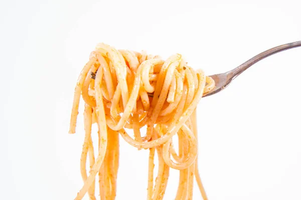 Spaghetti Bolognese Een Vork Een Witte Achtergrond — Stockfoto