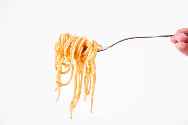 Spaghetti Bolognese Een Vork Een Witte Achtergrond — Stockfoto