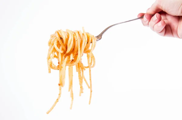 Spaghetti Bolognese Gaffel Vit Bakgrund — Stockfoto