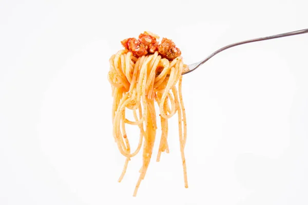 Spaghetti Bolognese Auf Einer Gabel Auf Weißem Hintergrund — Stockfoto