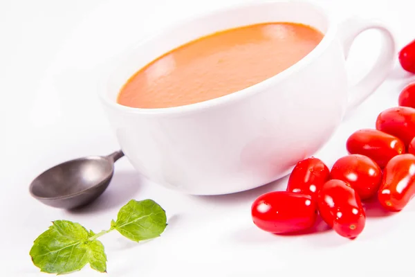 Gazpacho Soup Decorated Fresh Mint Some Tomatoes White Background Vintage — Stock Photo, Image