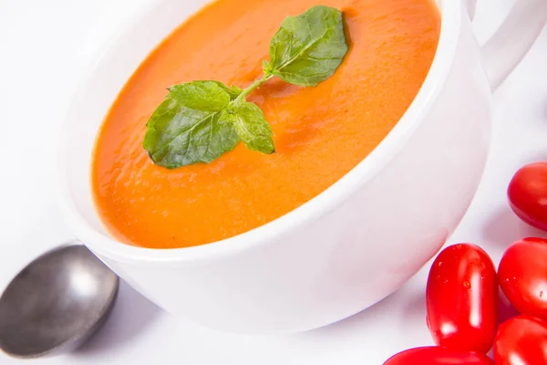 Gazpacho Soup Decorated Fresh Mint Some Tomatoes White Background Vintage — Stock Photo, Image