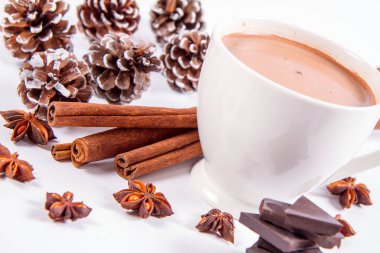Bir fincan tarçınlı sıcak çikolata, anason yıldızları, siyah çikolata parçaları ve biraz koni.