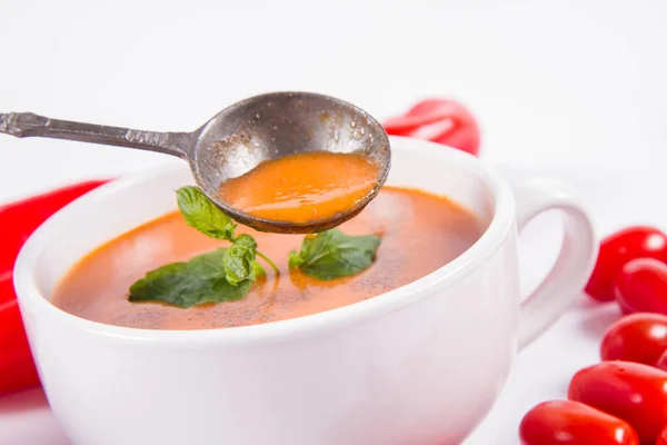 Gazpacho Soup Some Tomatoes Sweet Pepper White Background Vintage Spoon — Stock Photo, Image