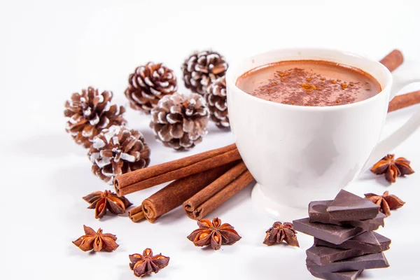 Cup Hot Chocolate Cinnamon Anise Stars Pieces Dark Chocolate Some — Stock Photo, Image