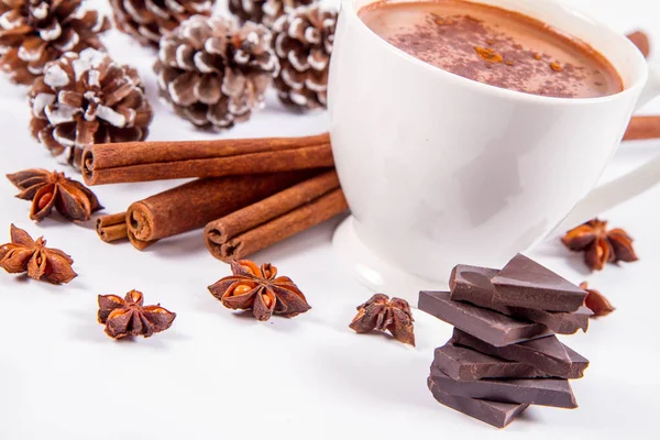 一杯热巧克力 茴香星 一片黑巧克力和一些锥果 — 图库照片