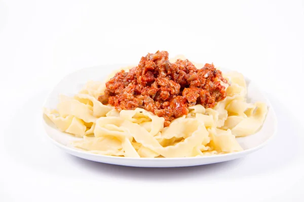 Pasta Regineta Con Salsa Boloñesa Plato Sobre Fondo Blanco —  Fotos de Stock