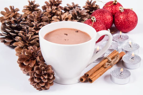 Cup Hot Chocolate Some Cinnamon Sticks Cones Christmas Balls Candles — Stock Photo, Image