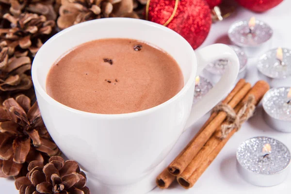 Cup Hot Chocolate Some Cinnamon Sticks Cones Christmas Balls Candles — Stock Photo, Image