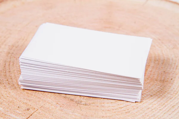 Stack Blank White Business Cards Wooden Background — Stock Photo, Image