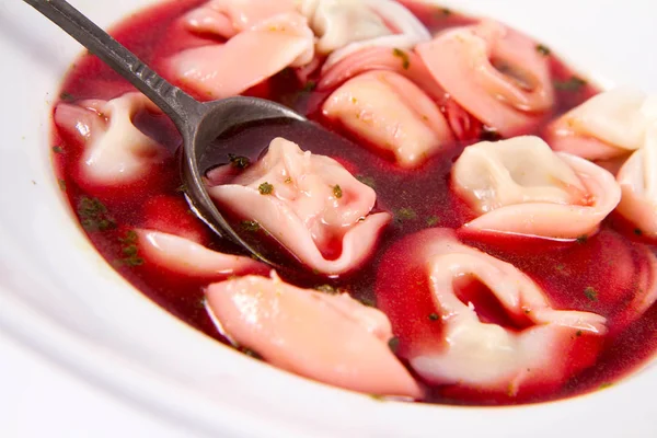 Polish Christmas Eve Dish Clear Borscht Dumplings Uszka Eaten Vintage — Stock Photo, Image