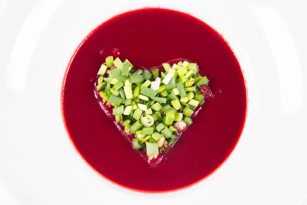 Beetroot Cream Soup Heart Made Chives Romantic Treat — ストック写真