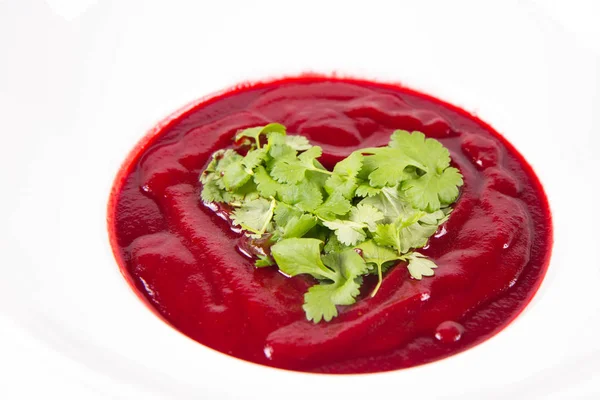 Beetroot Cream Soup Heart Made Coriander Romantic Treat — ストック写真