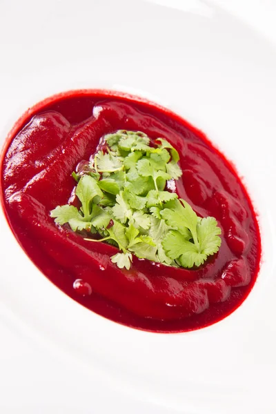 Beetroot Cream Soup Heart Made Chives Being Made Romantic Treat — Stock Photo, Image