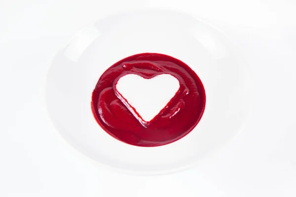 Beetroot Cream Soup Decorated Heart Made Yoghurt — Stock Photo, Image