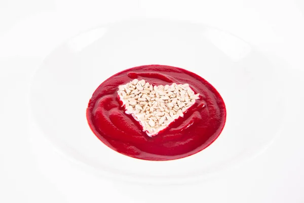 Beetroot Cream Soup Decorated Heart Made Yoghurt Sunflower Seeds — Stock Photo, Image