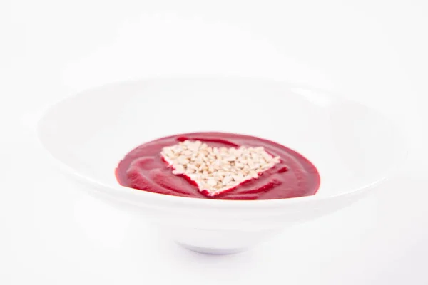 Beetroot Cream Soup Decorated Heart Made Yoghurt Sunflower Seeds — Stock Photo, Image