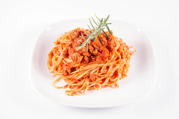 Spaghetti Bolognese Piatto Decorato Con Rametto Rosmarino — Foto Stock